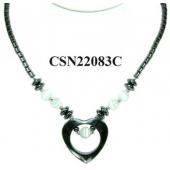 White Cat's Eye Opal Beads Hematite Heart Pendant Chain Choker Fashion Necklace